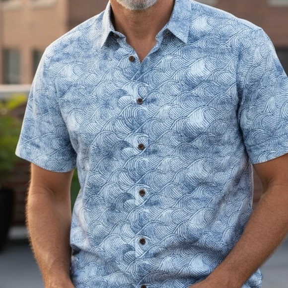 Quiksilver Waterman Men’s Comfort Fit Casual Shirt Large Blue Wave Print - Picture 1 of 8